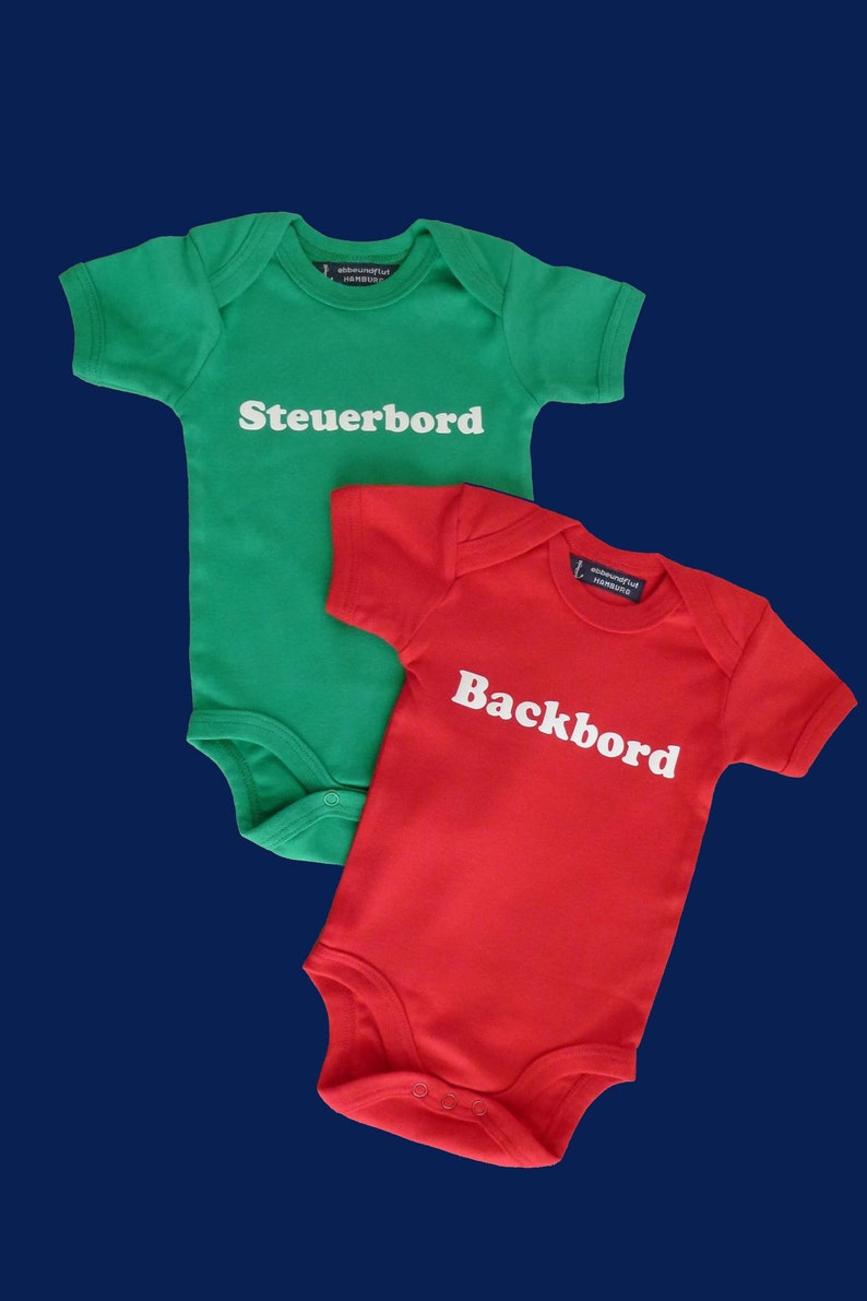 Ebbe und Flut Babyset STEUERBORD & BACKBORD Fair Trade grün rot, Geschenk zur Geburt, Babystrampler für Zwillinge, ebbe und flut® Bild 4