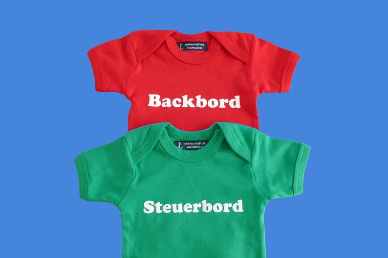 Ebbe und Flut Babyset STEUERBORD & BACKBORD Fair Trade grün rot, Geschenk zur Geburt, Babystrampler für Zwillinge, ebbe und flut® Bild 1