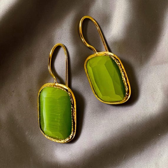 Ebb and Flow Gold Green Square Cat-Eye Drop Earrings - Baltic Gold Minimalist Elegant Earrings, 24 Karat Gold Plated