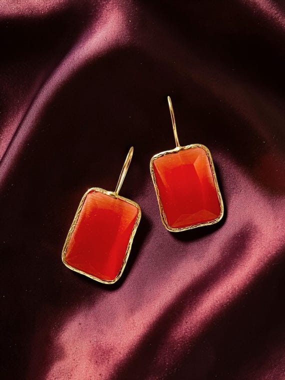 Ebbe und Flut Ohrhänger Gold orange eckig Cat-Eye - Gold Ohrringe minimalistisch elegant, Geschenk für Sie