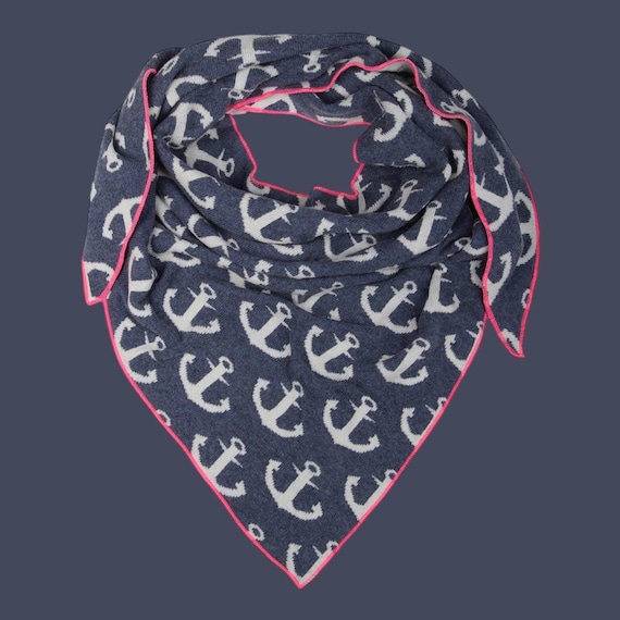 Ebb and Flow Triangle Scarf Anchor Wool/Cashmere Jeans Blue White Pink - Twin Heart