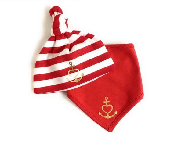 Babyset Cap & Scarf "Anchor with Heart" Faith, Love, Hope - red white gold - Baby gift for birth, ebb and flow®