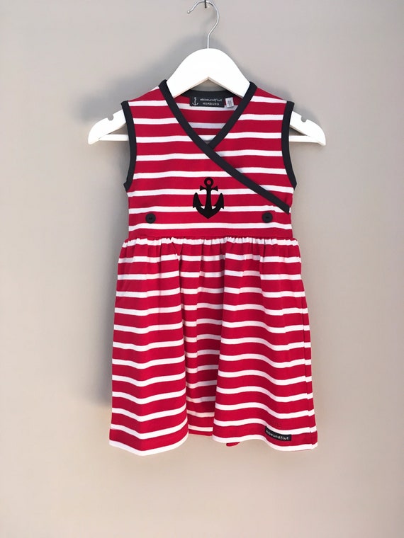 Ebb and flow dress anchor, red white, stripes, anchor stripes, Breton dress girls, maritime children's dress anchor