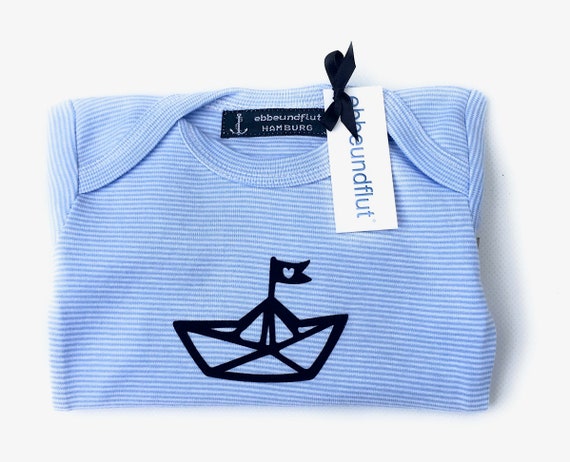 Baby Body Paper Boat - light blue/white striped - maritime baby body ship, baby gift for birth, ebb and flow®