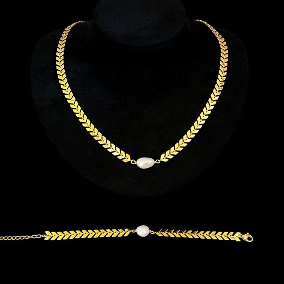 Ebb and Flow Set Necklace & Bracelet with Freshwater Pearl Palma - Boho Necklace Bracelet Stainless Steel Pearl