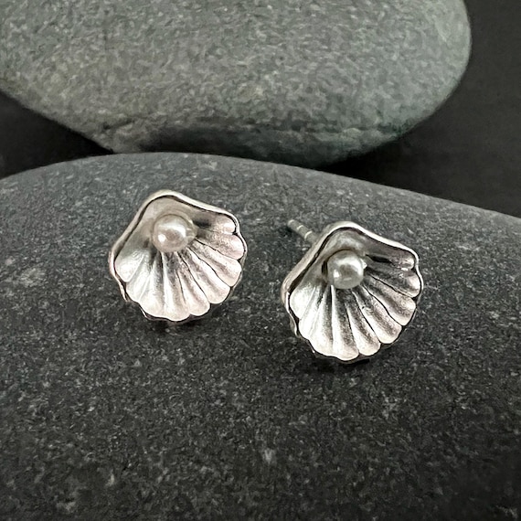 Ebb and flow earrings shell with pearl mini matt silver-plated, bridal jewelry, wedding jewelry