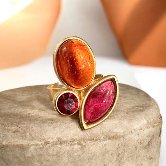 Ebbe und Flut Statement Ring Ostseegold orange fuchsia - eleganter Damenring, handgefertigter Designerschmuck