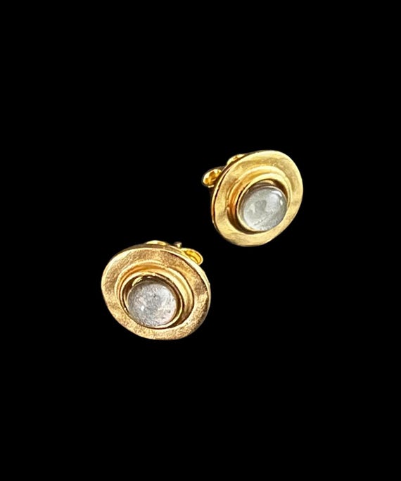 Ebb and Flow Stud Earrings Baltic Gold Grey, Round 22K Matte Gold Plated, Grey Glass Stone Silver Leaf