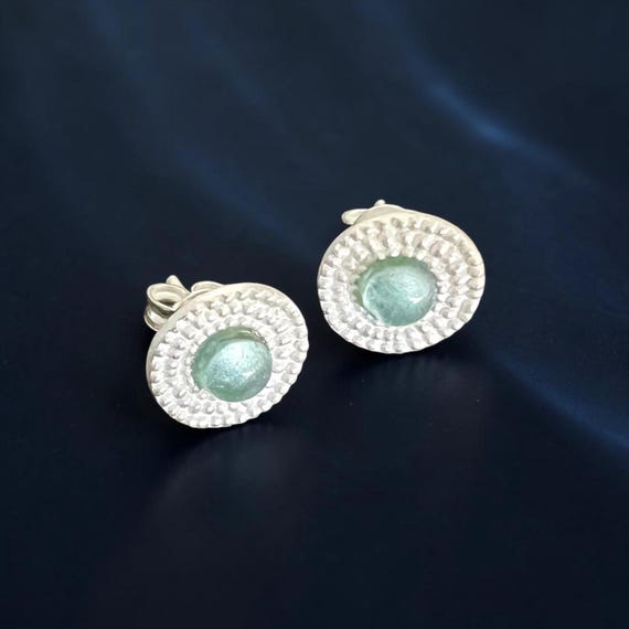 North Sea Silver Maris Stud Earrings - matte silver-plated stud earrings with Baltic green glass stone - Maritime jewelry art - handmade
