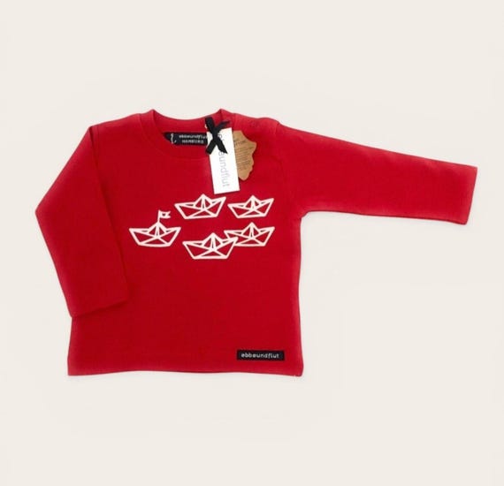 Ebb and Flow Long-Sleeve Shirt "Paper Boat" Red and White - Fair Trade & Organic - Nautical Boat Shirt, Baby Gift for Birth