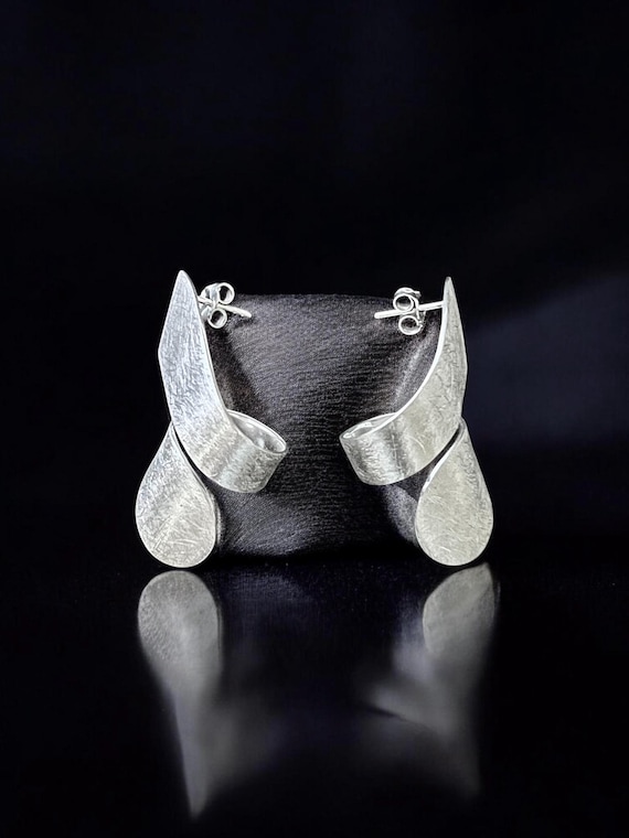 Ebb and Flow Silver Wave Stud Earrings - Curved Silver Earrings Solid Silver - Ice Matte