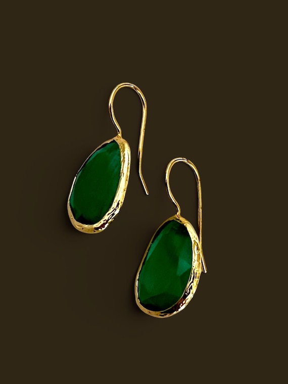 Ebb and Flow Earrings, Gold Dark Green Cat-Eye - Baltic Gold Earrings, Minimalist Elegant, Gift for Her