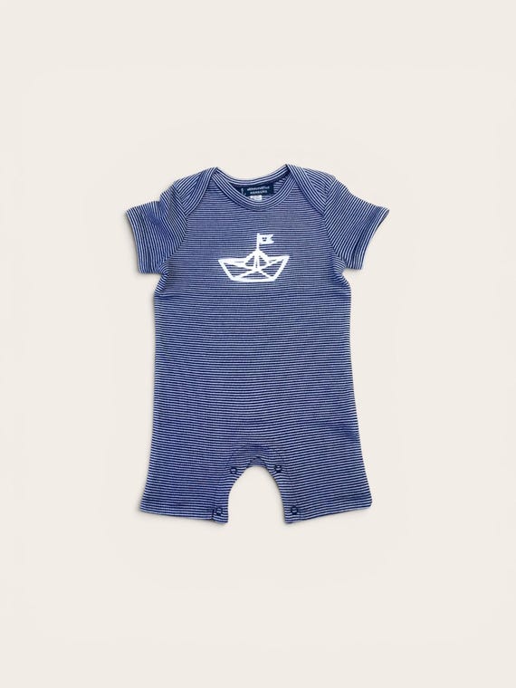 Ebb and Flow Baby Romper Paper Boat - Blue/White Striped - Nautical Baby Romper Paper Boat