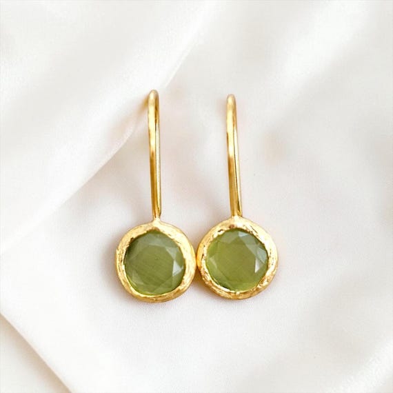 Ebb and Flow Gold Drop Earrings, Small, Green - Baltic Gold Earrings, Minimalist and Elegant, 24-Carat Gold Plated, Size S