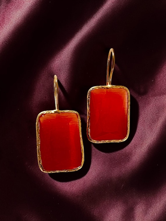 Ebb and Flow Gold Orange Square Cat-Eye Drop Earrings - Minimalist Elegant Gold Earrings, Gift for Her