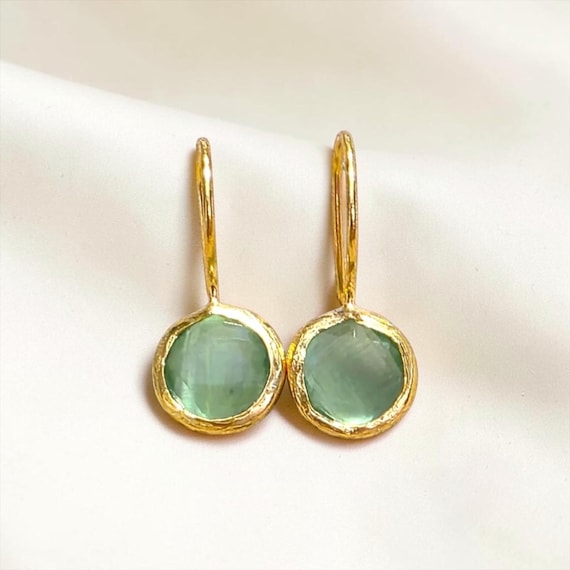 Ebb and Flow Gold Drop Earrings, Light Green, Small - Baltic Gold Earrings, Minimalist and Elegant, 24-Carat Gold Plated, Size S
