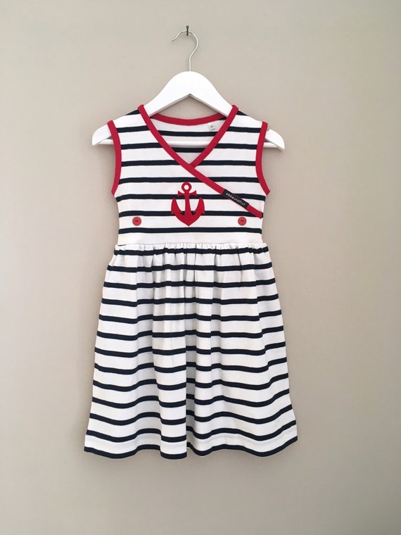 Ebb and flow dress anchor white blue striped - anchor stripes, Breton dress girls, maritime children's dress anchor