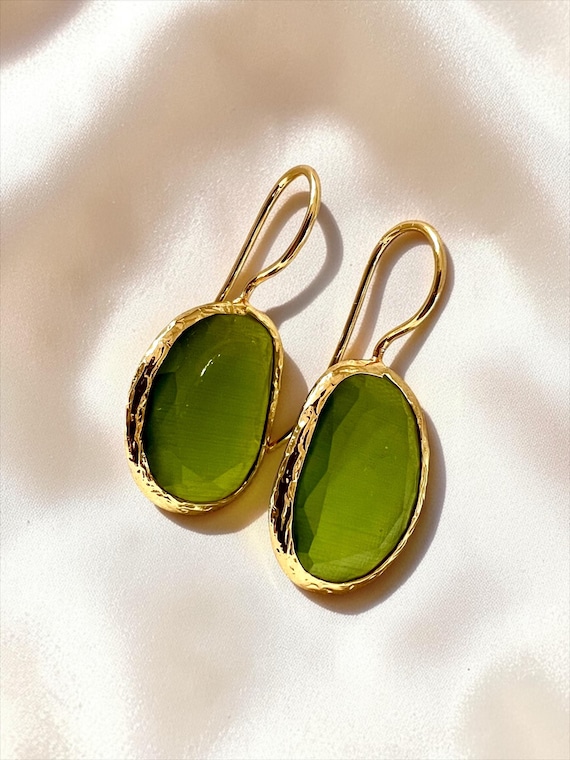 Ebb and Flow Gold Green Cat-Eye Drop Earrings - Baltic Gold Earrings Minimalist Elegant, Gift for Her
