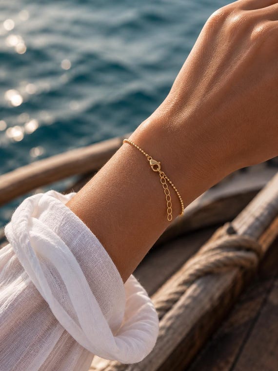 Ebb and Flow Bracelet Gold, Glitter Bracelet Ball Chain Silver 925 with Yellow Gold Plating, Delicate Bracelet