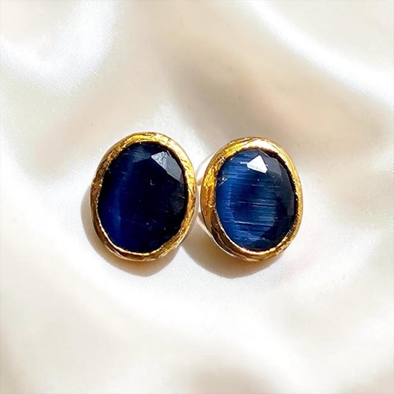 Ebb and Flow Stud Earrings Gold Dark Blue Glow - Small Baltic Gold Earrings, subtle and elegant