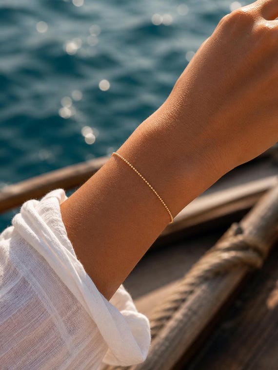 Ebb and Flow Bracelet Gold, Glitter Bracelet Ball Chain Silver 925 with Yellow Gold Plating, Delicate Bracelet
