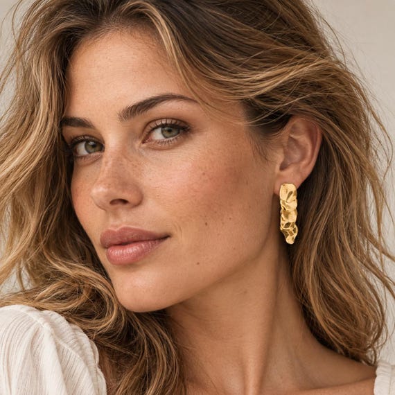 Gold Wave Stud Earrings - Gold-plated statement earrings, long, elegant drop earrings, boho glam jewelry, gift for her