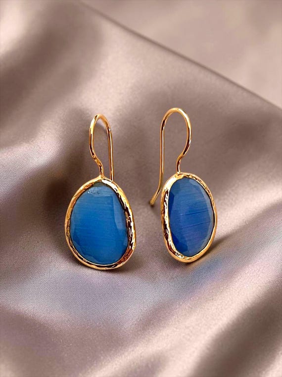 Ebb and Flow Gold Blue Cat-Eye Drop Earrings - Baltic Gold Earrings Minimalist Elegant, Gift for Her
