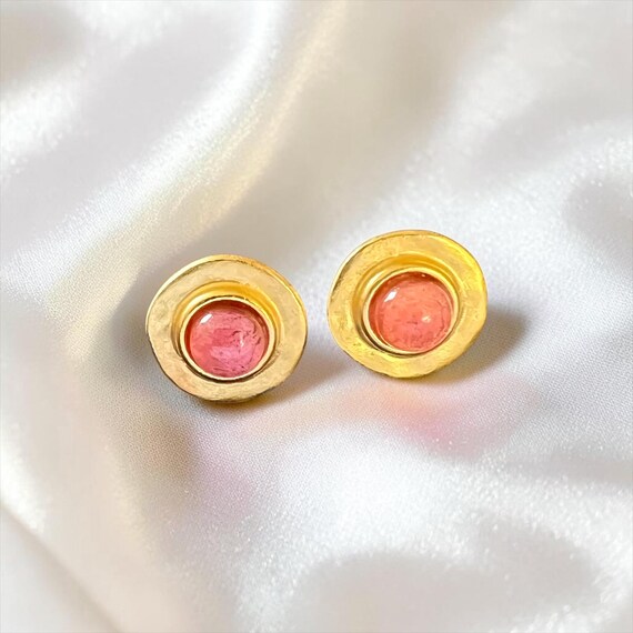Ebb and Flow Stud Earrings Baltic Gold Sunset Red - Round 22K matte gold plated with warm red glass stone with silver leaf - round earrings