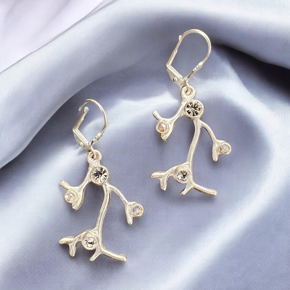 Ebb and Flow Coral Earrings - Exclusive North Sea Coral Earrings, matte silver-plated with crystal-colored stones