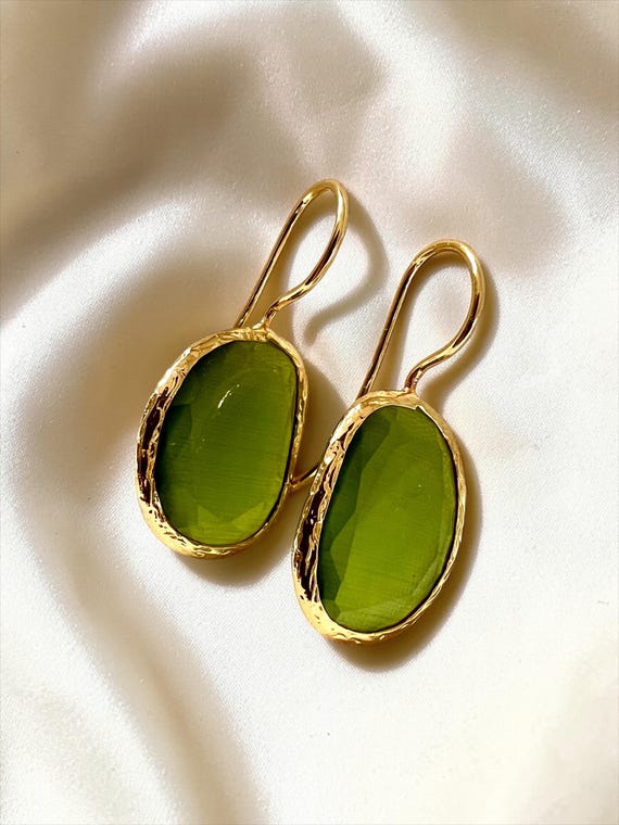 Ebb and Flow Gold Green Cat-Eye Drop Earrings - Baltic Gold Earrings Minimalist Elegant, Gift for Her