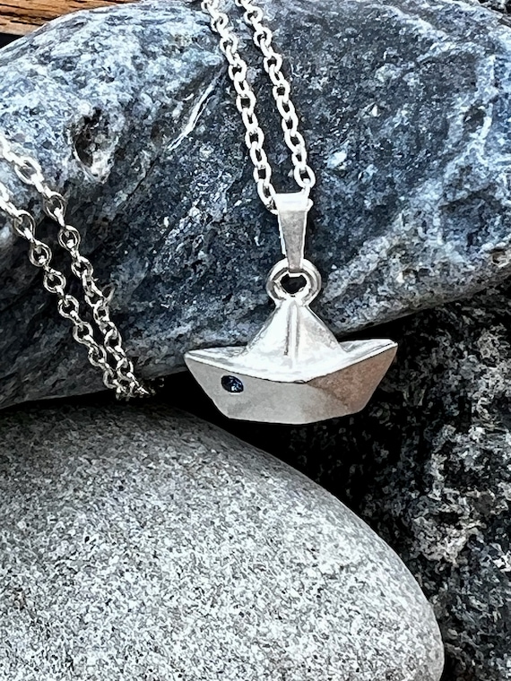 Ebb and flow necklace paper boat - maritime paper boat chain stone dark blue ebb and flow®