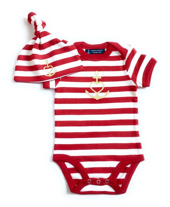 Ebb and Flow Baby Set "Anchor with Heart" Faith, Love, Hope - Baby Body & Hat - gold, baby gift for birth, ebbe und flut®