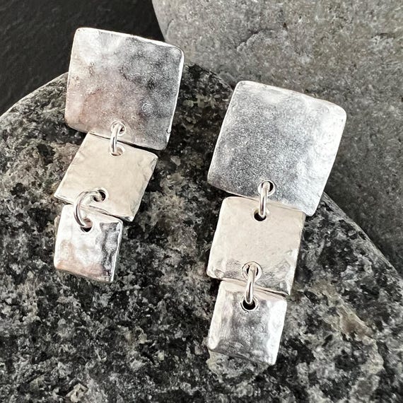 Ebb and Flow North Sea Silver Stud Earrings, Long, Square - Matte Silver Plated - Earrings by ebbe und flut®