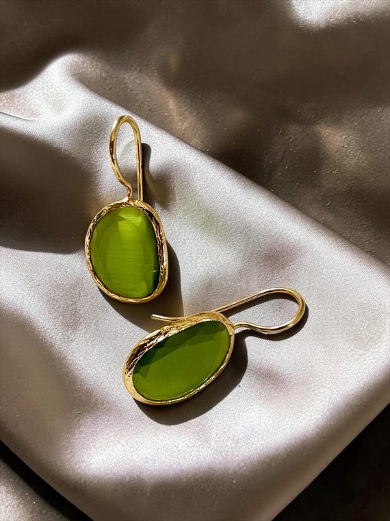 Ebb and Flow Gold Green Cat-Eye Drop Earrings - Baltic Gold Earrings Minimalist Elegant, Gift for Her