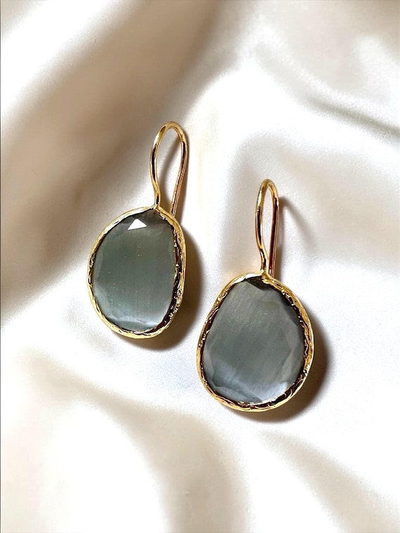 Ebb and Flow Earrings, Gold, Stone Grey, Cat-Eye - Baltic Gold Earrings, Minimalist and Elegant, 24-Carat Gold Plated