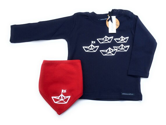Boys Set "Paper Ship" Long Sleeve Shirt & Neck Scarf Blue/Red - Fair Trade - Shirt maritim, Boats, Sweater, Cloth, Set, Hamburg Gift