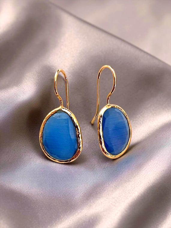 Ebb and Flow Earrings, Gold Blue Cat-Eye - Baltic Gold Earrings, Minimalist and Elegant, 24-Carat Gold Plated