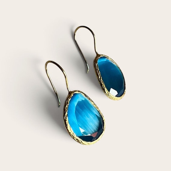Ebb and Flow Earrings, Gold Turquoise Cat-Eye - Baltic Gold Earrings, Minimalist and Elegant, 24-Carat Gold Plated