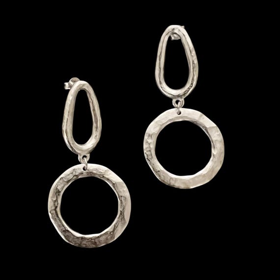Ebb and Flow silver statement earrings - geometric drop earrings made of hammered metal, matte silver plated