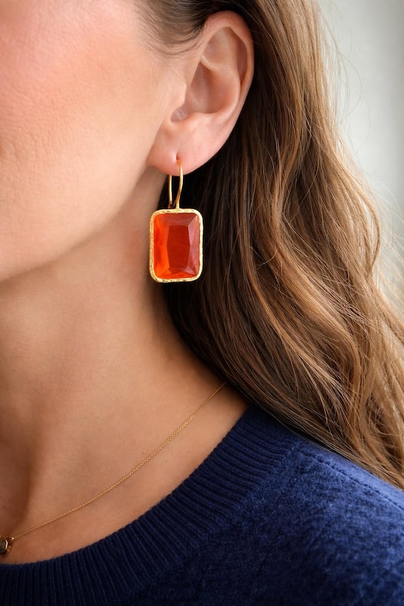 Ebb and Flow Gold Orange Square Cat-Eye Drop Earrings - Minimalist Elegant Gold Earrings, Gift for Her