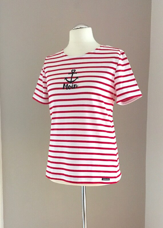 Women's T-Shirt Moin maritim - Red White Striped - Maritime Women's Shirt Moin with Anchor, Breton Shirt Stripes - Loose Fit