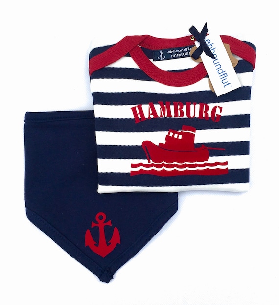 MaritimeS Baby Set Long Sleeve Shirt SCHLEPPER HAMBURG & Cloth ANKER - fair - Hamburg Gifts, Gift for Birth, Baby Set, Ship, Hamburg