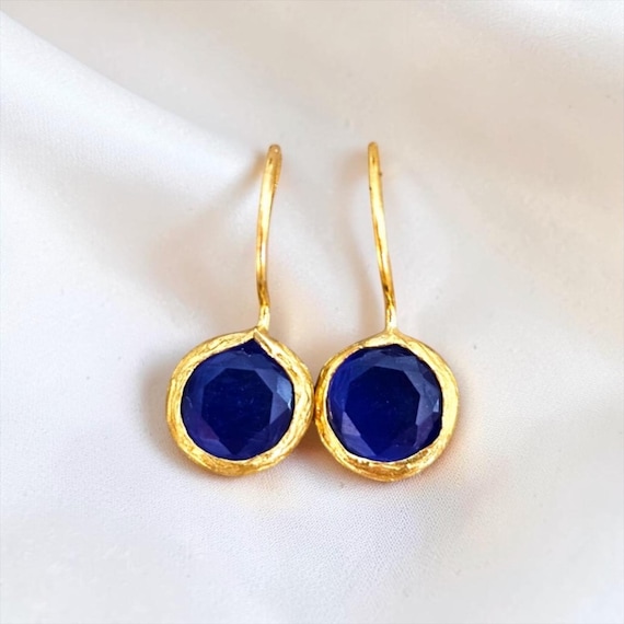 Ebb and Flow Gold Drop Earrings, Dark Blue, Small - Baltic Gold Earrings, Minimalist and Elegant, 24-Carat Gold Plated, Size S