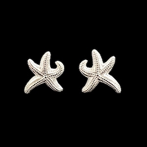 Puede incluir: Un par de pendientes de estrella de mar de plata. Los pendientes son pequeños y delicados, y serían un gran regalo para alguien que ama el océano.