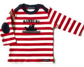 Ebbe und Flut maritimes Baby Shirt Langarm Schlepper Hamburg - Fair Trade & Organic - rot weiß - Baby Geschenk zur Geburt, ebbe und flut®