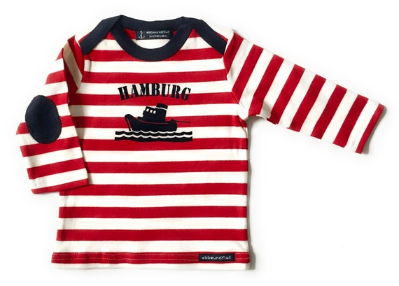 Ebb and flow maritime baby shirt long sleeve tugboat Hamburg - Fair Trade & Organic - red white - baby gift for birth, ebb and flow®