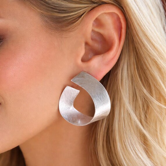 Ebb and Flow Stud Earrings Silver Opulent - Curved Silver Earrings Solid Silver - Ice Matte