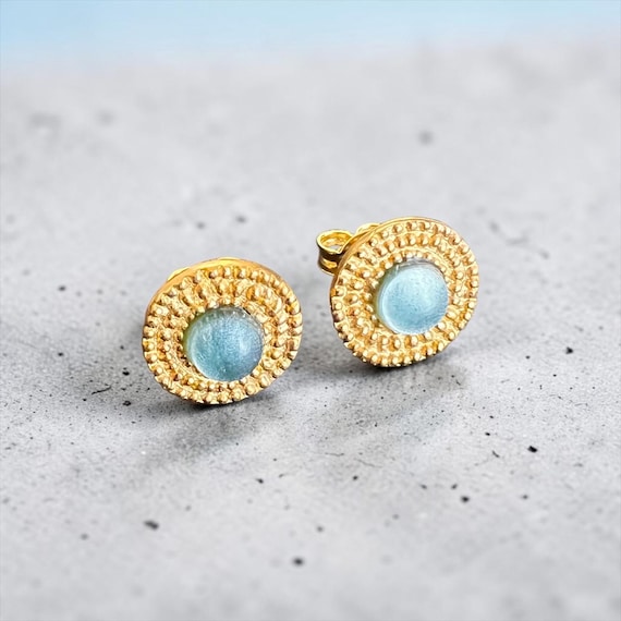 Baltic Gold Aurelia Blue Stud Earrings - 22K gold-plated stud earrings with Baltic blue glass stone - Maritime jewelry art - handmade