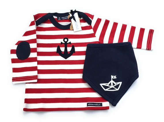 Maritime baby set long sleeve shirt anchor and cloth paper boats in red/white/blue - Fair Trade & Organic - Baby Gift for Birth, Hamburg