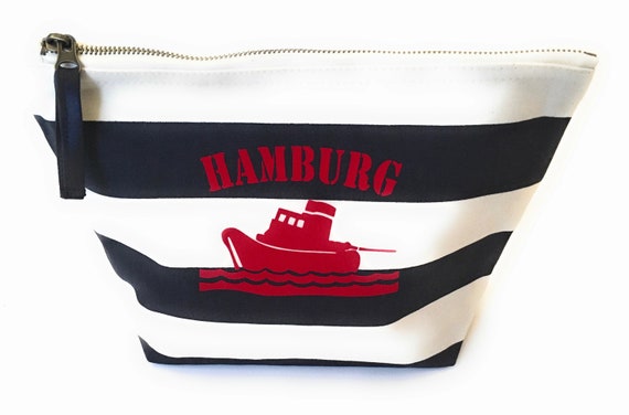 Maritime Cosmetics Bag Tug Hamburg - made of linen canvas, Hamburg gift, striped cosmetic bag Hamburg design